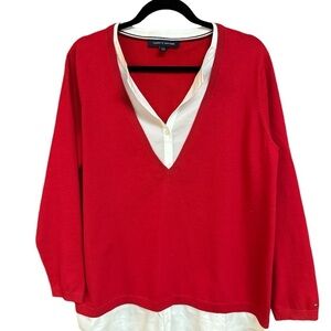 Tommy Hilfiger Solid V-Neck Two in One Red/White Sweater Blouse Large